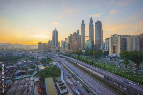 Aerial view of Kuala Lumpur city skyline during sunset