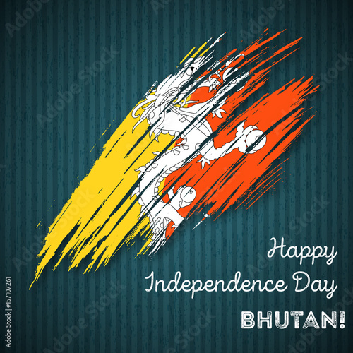 Bhutan Independence Day Patriotic Design. Expressive Brush Stroke in National Flag Colors on dark striped background. Happy Independence Day Bhutan Vector Greeting Card.