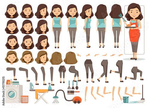 Housewife character creation set.Icons with different types of faces and hair style, emotions,front,rear,side view of female person.Moving arms,legs.Vector illustration Isolated on white background 
