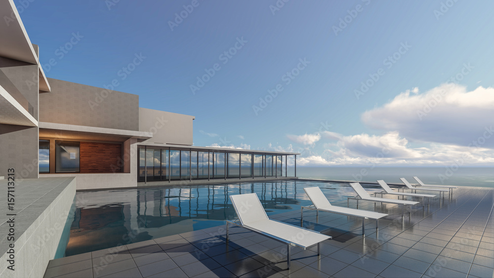 3d Rendering Sunbeds, Swimming Pool Villa And Terrace 