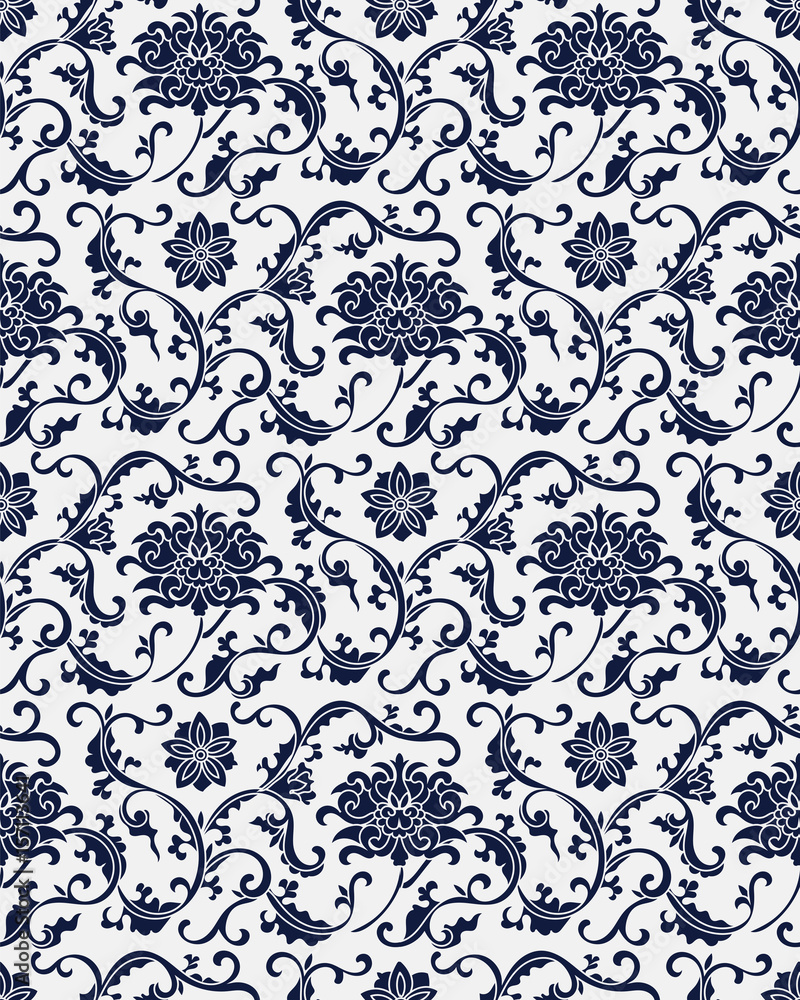 Seamless Blue Chinese Background botanic garden spiral cross leaf vine flower Seamless Blue Chinese Background botanic garden spiral cross leaf vine flower
