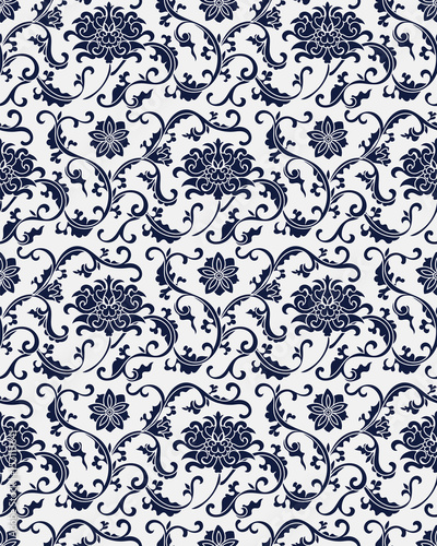 Seamless Blue Chinese Background botanic garden spiral cross leaf vine flower