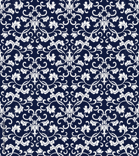 Seamless Blue Chinese Background oriental Chinese botanic spiral flower leaf chintz