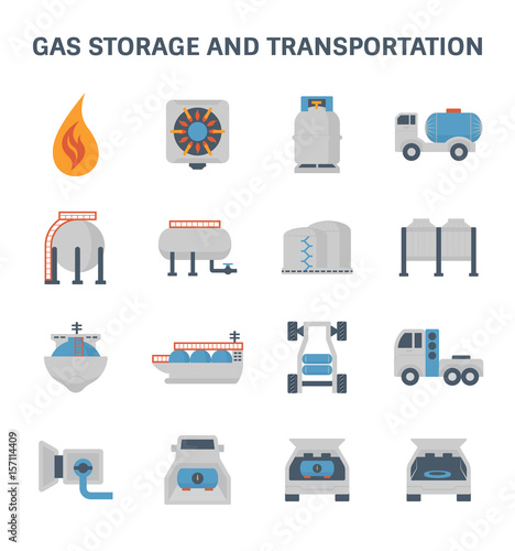 Gas storage and transportation vector icon set.
