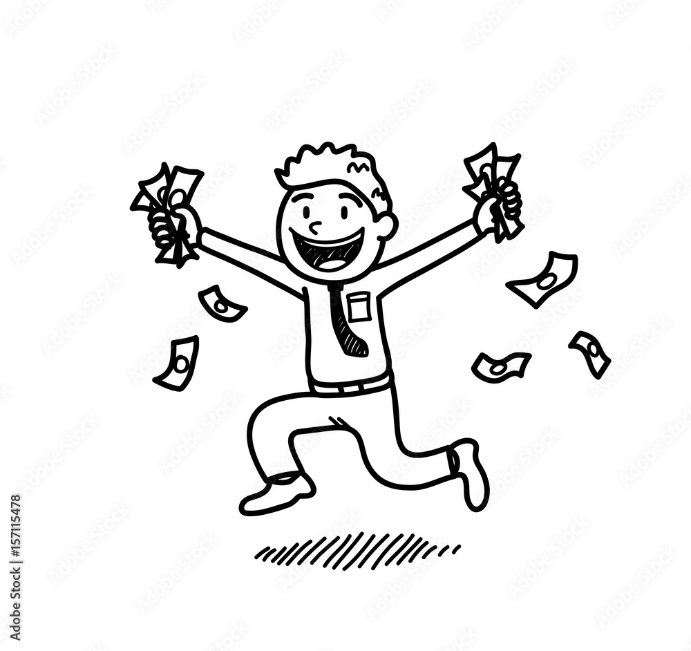 Rich Businessman Holding on Money, a hand drawn vector cartoon illustration of a success businessman running around while grabbing money on both hands.