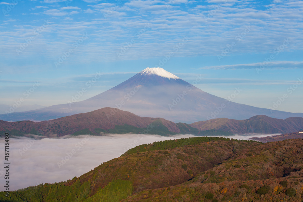 Mt.fuji and sea of mist above lake ashi at Hakone in autumn season morning