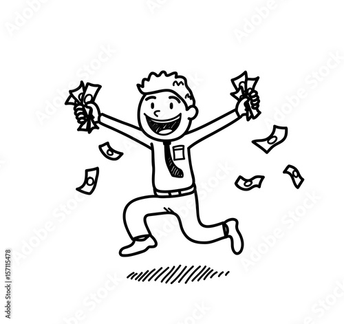 Rich Businessman Holding on Money, a hand drawn vector cartoon illustration of a success businessman running around while grabbing money on both hands.