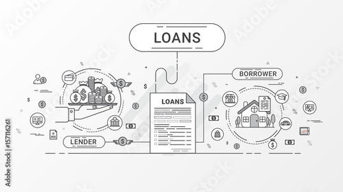 Loan Infographics. Loan agreement between the lender and the borrower. Flat line icons design contains loan offer, finance, money, bank, creditor, and debtor. Vector illustration.
