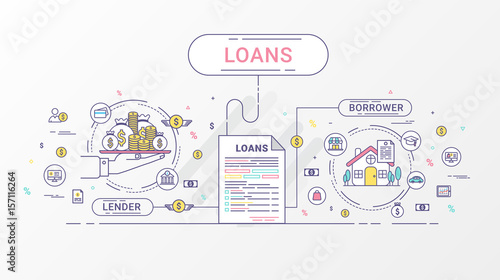 Loan Infographics. Loan agreement between the lender and the borrower. Flat line icons design contains loan offer, finance, money, bank, creditor, and debtor. Vector illustration.