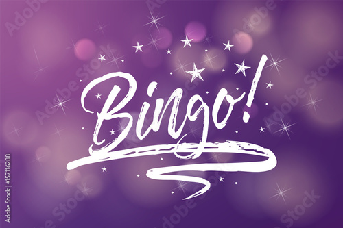 Bingo. Beautiful greeting card scratched calligraphy white text word stars. Hand drawn invitation design. Handwritten modern brush lettering purple violet blurred bokeh background isolated vector