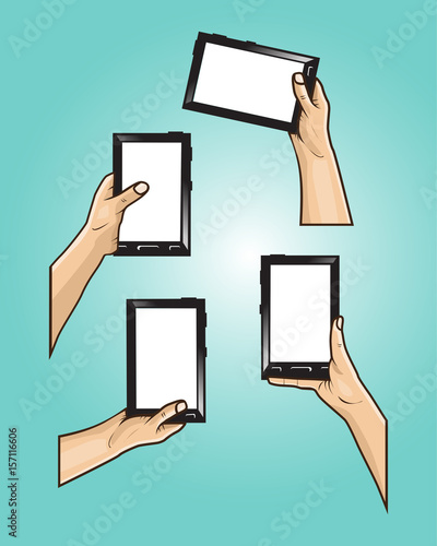 set of hands included : hands holds black mini tablet with white screen .