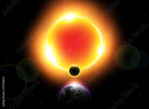Solar Eclipse ( Vector ) . Moon move around the world and hide sunlight .