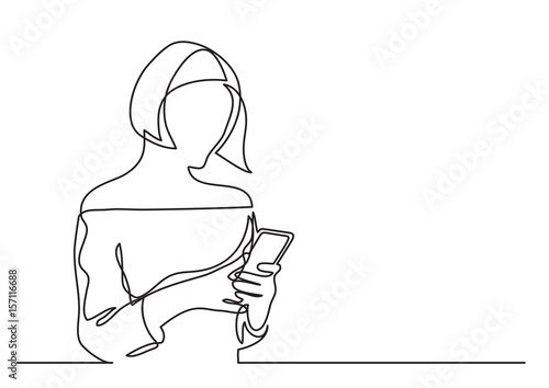 teenage girl reading smartphone - continuous line drawing