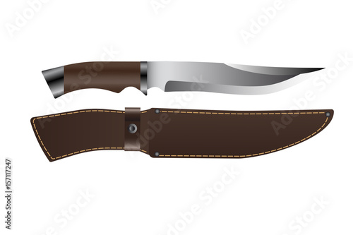 Realistic hunting knife with wooden handle and lather scabbard. Isolated on white background. Vector illustration EPS 10.
