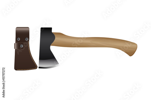 Realistic hunting and travel ax with leather sheath isolated on white background. Vector illustration EPS 10.