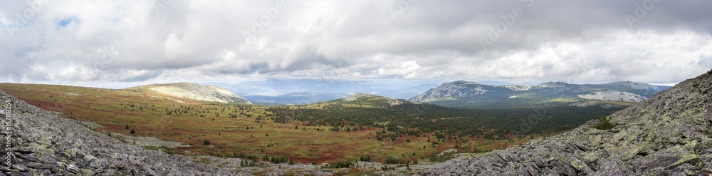 Panoramic view of the mountains and cliffs, South Ural. Summer in the mountains.