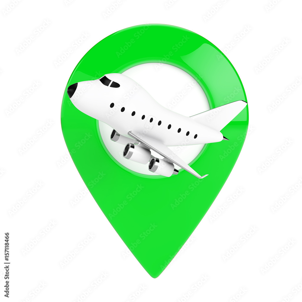 Fototapeta premium Cartoon Toy Jet Airplane with Green Map Target Pin. 3d Rendering