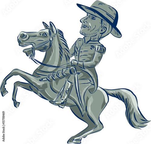 American Cavalry Officer Riding Horse Prancing Cartoon