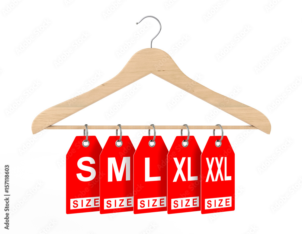 Wooden Clothes Hanger and Dress Tags with Size Sign. 3d Rendering Stock  Illustration | Adobe Stock