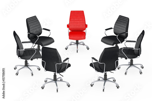 Business Large Meeting. Chairs arranging round with Red Leather Boss Office Chair. 3d Rendering