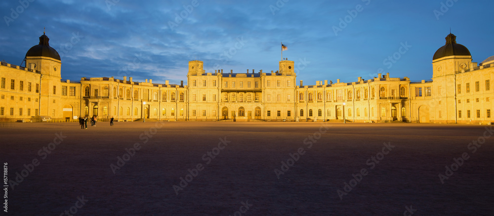 Panorama of the Great Gatchina Palace in the May twilight. Gatchina, Russia
