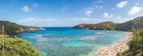 Panorama wide landscape of coral reef at Hanauma Bay, Hawaii