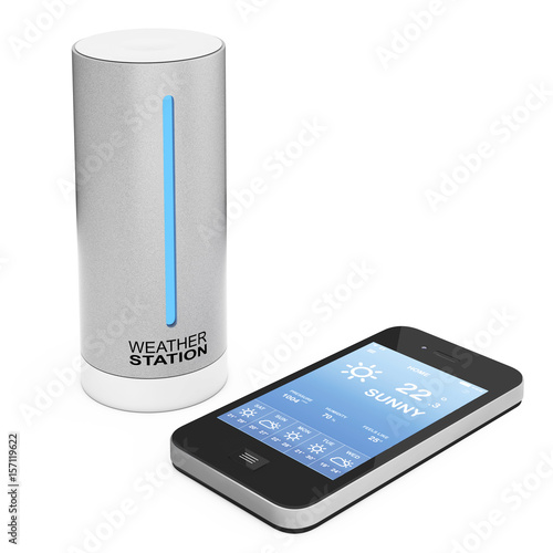 Modern Digital Wireless Home Weather Station with Mobile Phone with Weather on Screen. 3d Rendering