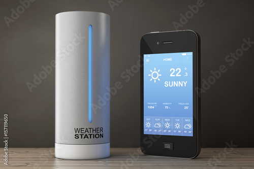 Canvas-taulu Modern Digital Wireless Home Weather Station with Mobile Phone with Weather on Screen