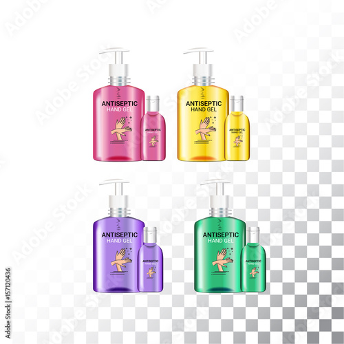 Set of templates realistic package for bottles with pump dispenser. Plastic containers with hand gel shower or liquid soap.