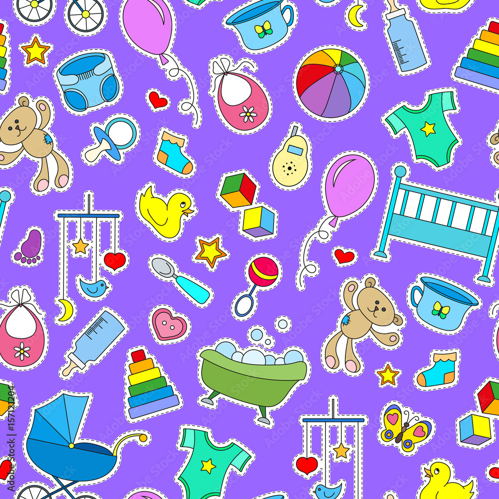 Seamless pattern on the theme of childhood and newborn babies, baby accessories and toys, simple color patches icons on purple background