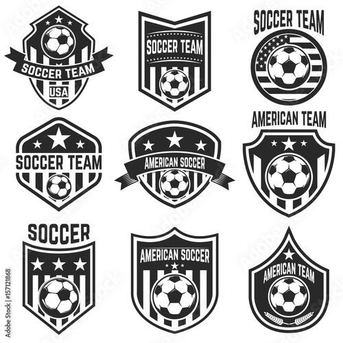 Set of american soccer team labels. Emblems with football balls. Vector illustration
