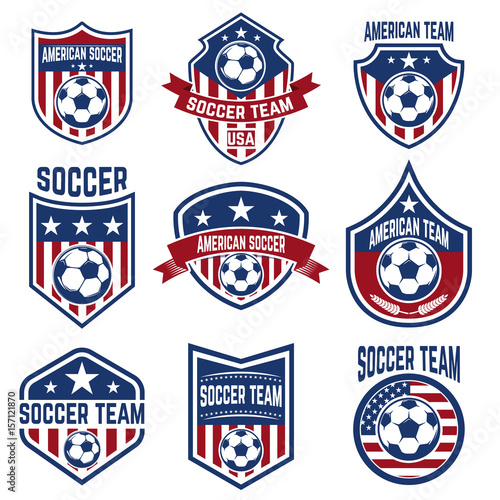 Set of american soccer team labels. Emblems with football balls. Vector illustration