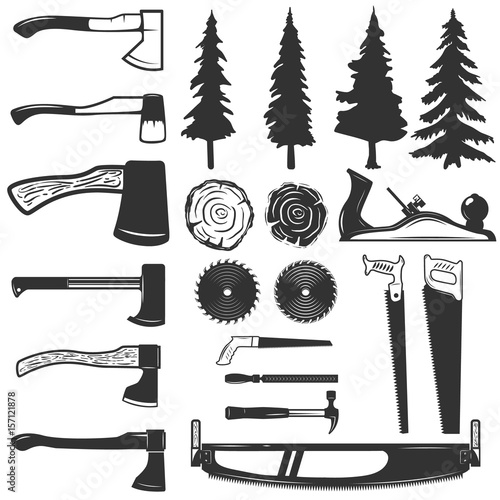 Set of carpenter tools, wood and trees icons. Design elements for logo, label, emblem, sign. Vector illustration