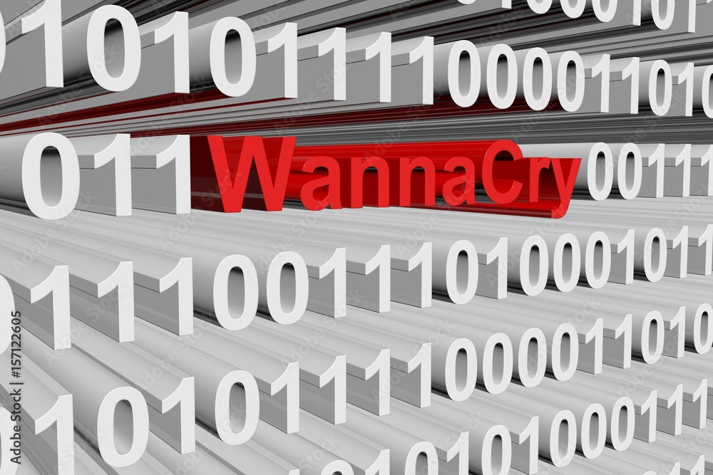 WannaCry in the form of binary code, 3D illustration