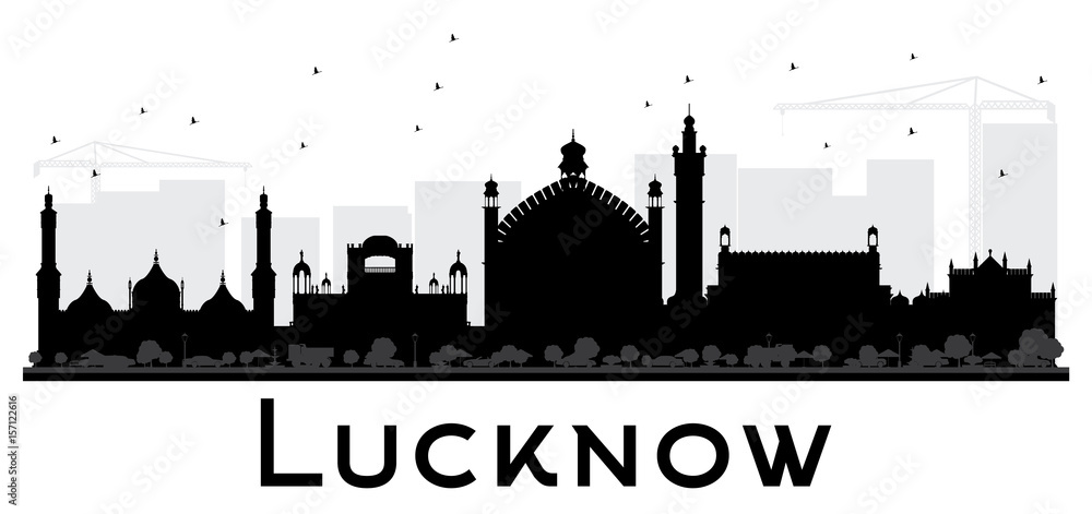 Lucknow City skyline black and white silhouette.