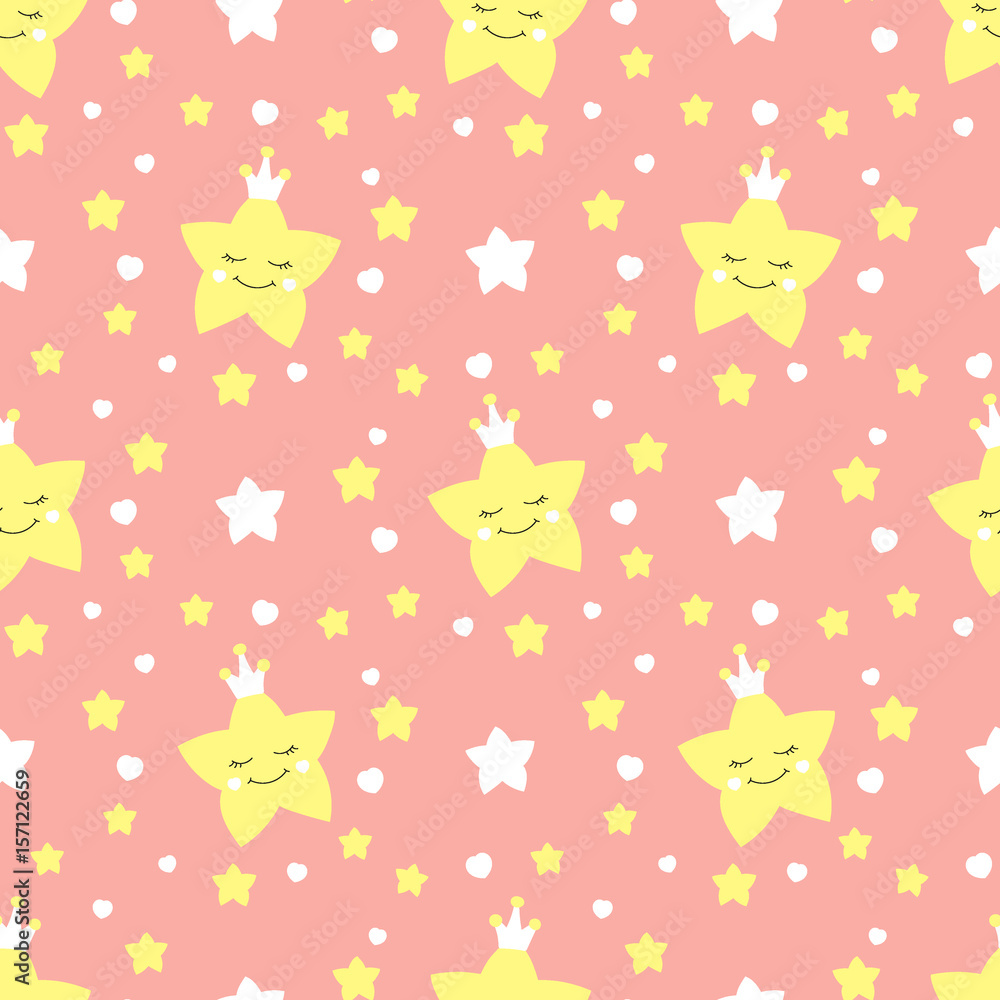 Cute baby star pattern vector seamless. Princess print with eyelash stars in crown and hearts. Pink background for girl birthday card, fabric or wallpaper, baby shower invitation template.