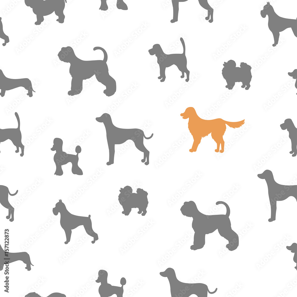 Unusual seamless pattern with dog silhouettes.  Set of  different breeds.