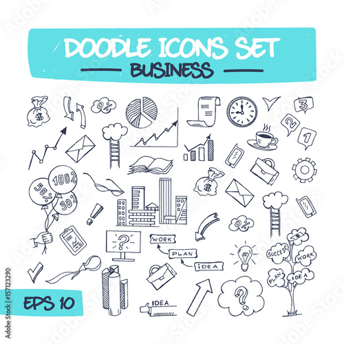 Doodle Icons Set - Business. Sketch Sign Illustration on Paper of Business Items. Hand Drawing Line Icons of Envelope, Infographic, Monitor, Flipchart, Briefcase, Book, and Money. .