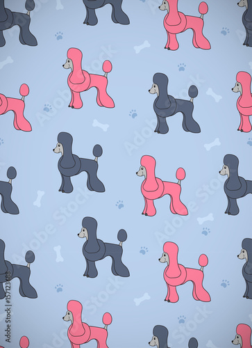 Awesome greeting card with cute cartoon dogs. Breed poodle.