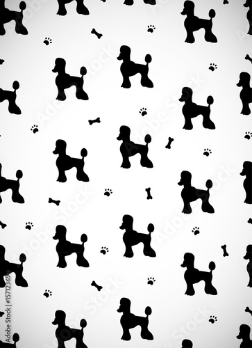 Awesome greeting card with black silhouettes of  cartoon dogs. Breed poodle.