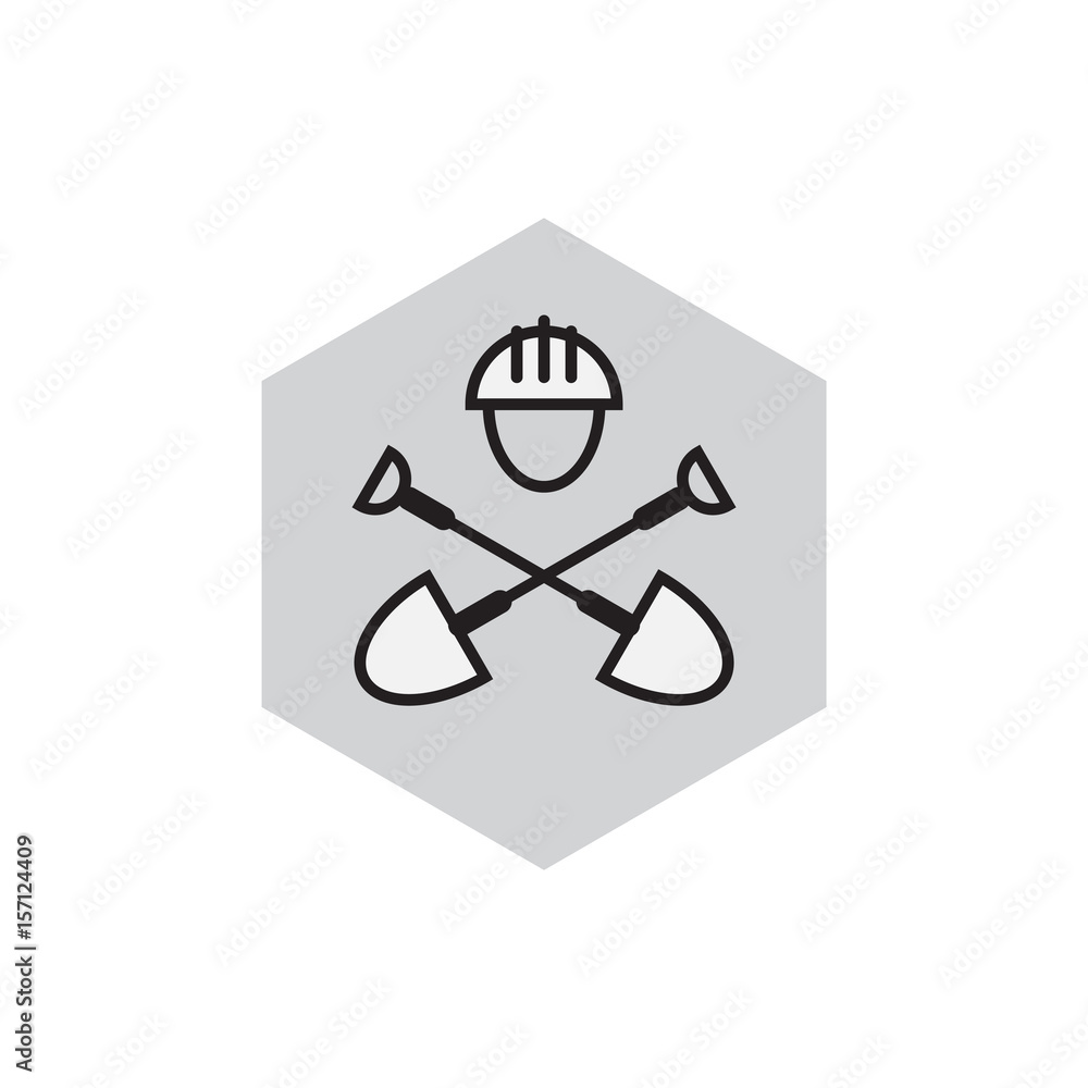 Civil engineering emblem. Digger icon. Label with shovels and hard hat. Civil engineering illustration.