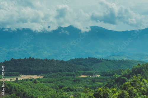 Fantastic landscape of Dalat Mountains, Viet Nam, fresh atmosphere, villa among forest, impression shape of hill and mountain from high view, wonderful vacation for ecotourism in spring photo