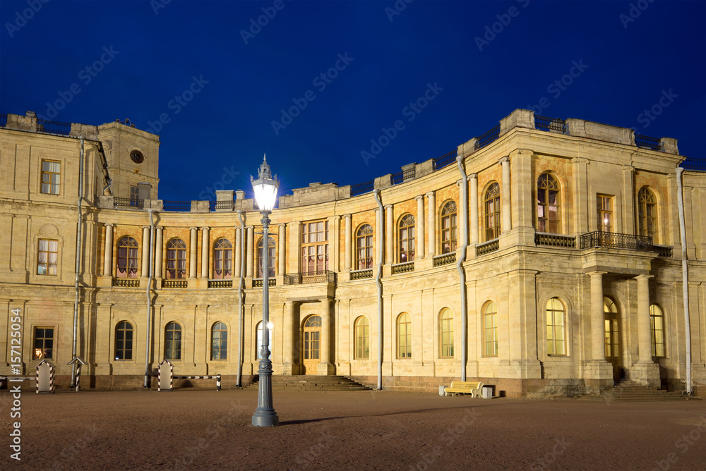A burning street lamp in the background of the gallery of the Great Gatchina Palace. Gatchina, Russia