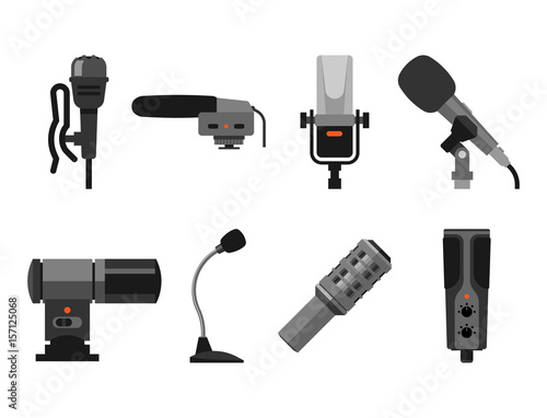Different microphones types icons journalist vector interview music broadcasting vocal tool tv tool.