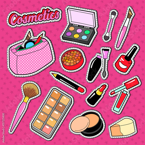 Cosmetics Perfume Doodle with Brush, Lipstic and Eyeshadow. Woman Fashion Beauty Stickers, Badge and Patch. Vector illustration