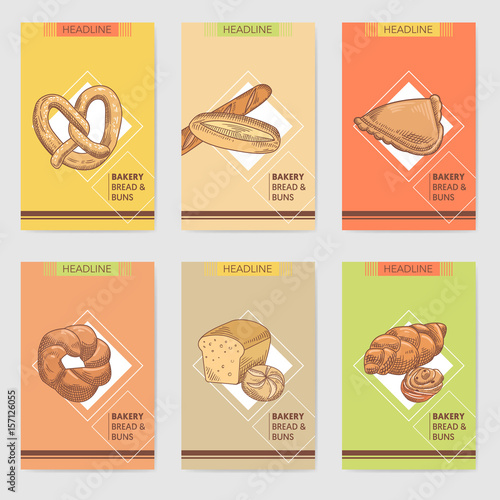 Bakery Hand Drawn Brochure Cards Design Template with Fresh Bread and Buns. Vector vintage illustration