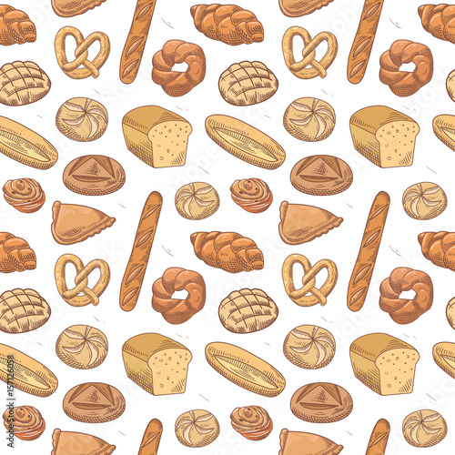 Bakery Hand Drawn Seamless Pattern. Fresh Bread and Buns Background. Vector illustration
