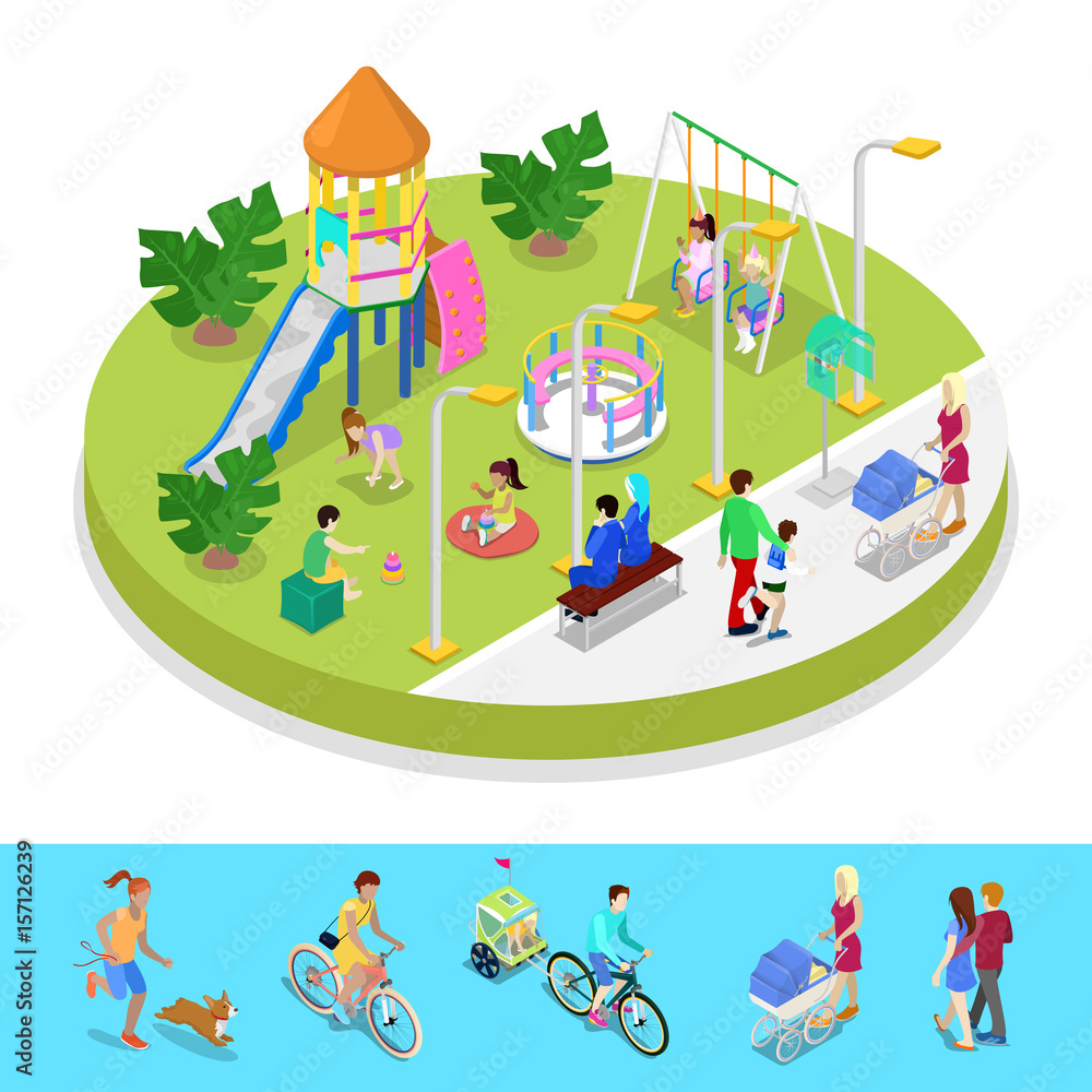 Children playing with parents on kids playground with game equipment.  Isometric cartoon vector illustration with 3d little people. Playground  isometry with swing and slide Stock Vector Image & Art - Alamy