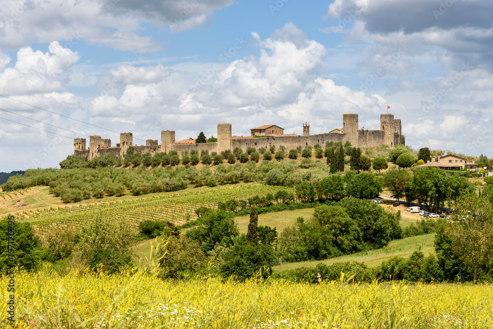 panoramic view of Monteriggioni, province of Siena, tuscany, italy
