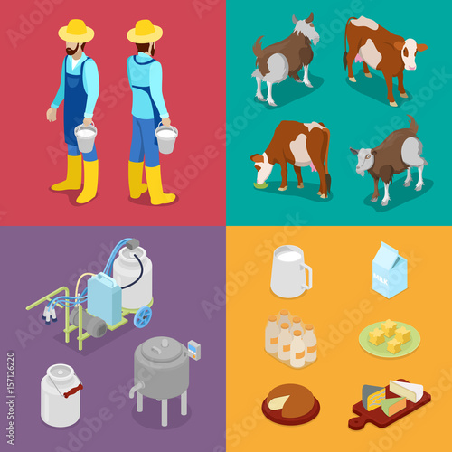 Fototapeta Naklejka Na Ścianę i Meble -  Milk Industry Production. Man with Bottle of Milk, Cow and Cheese. Dairy Product. Isometric vector flat 3d illustration